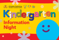 An image of a yellow background and blue ball with the wording kindergarten information night written on it.